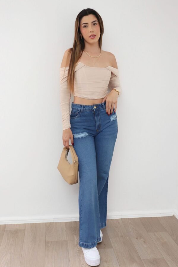 Jean Noha wide leg en denim rígido, tono oscuro.