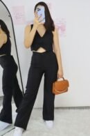 Pantalón Amelia wide leg en tela Noche de Viena con pliegue frontal.