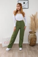 Pantalón Amelia wide leg en tela Noche de Viena con pliegue frontal.